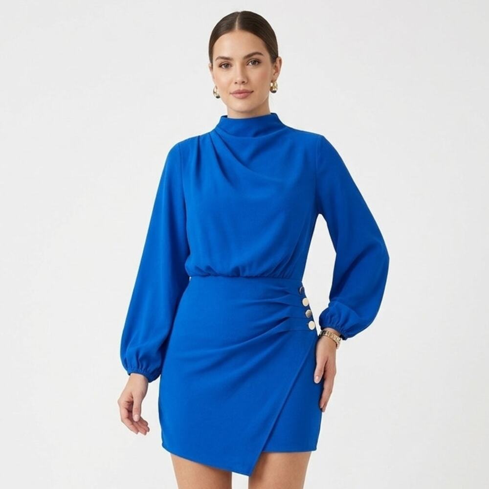 DO+BE Skort Romper Women's M Royal Blue Mock Neck Long Sleeve Draped Asymmetric